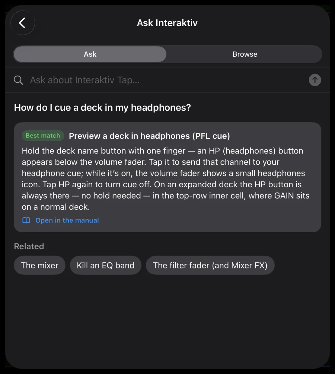 The Ask Interaktiv sheet on the iPad: Ask and Browse tabs, the question “How do I cue a deck in my headphones?”, the best-match answer “Preview a deck in your headphones (PFL cue)” with an Open in the manual link, and Related chips