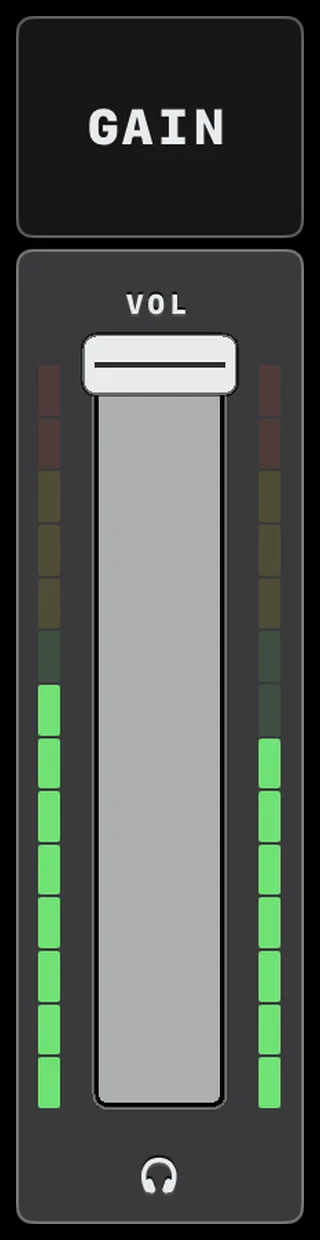 A channel’s volume fader with a small headphones icon at its foot: the channel is in the headphone cue