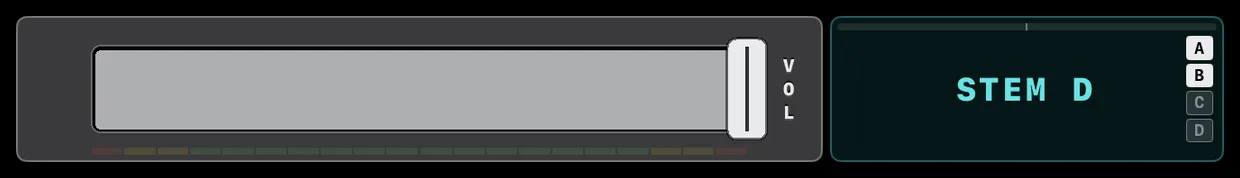 A collapsed Stem deck’s strip: the volume fader with its meters, and the STEM D name button with the A B C D selector