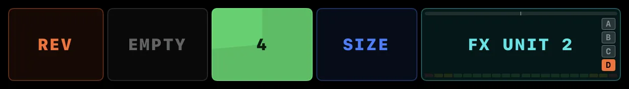 A collapsed FX unit’s strip: REV, an empty slot, a playing 4-beat loop lit green, SIZE and the FX UNIT 2 button