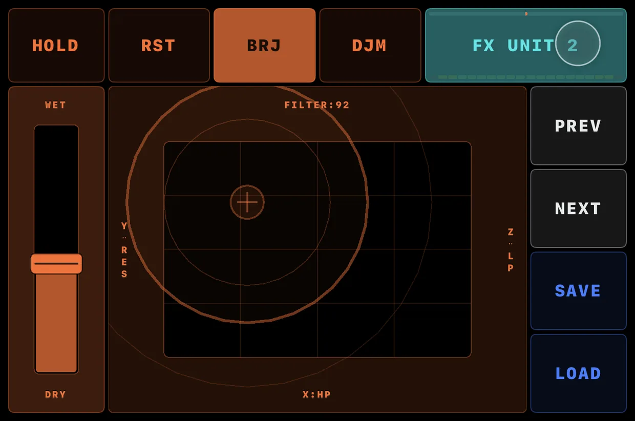 FX Unit 2 with its FX-UNIT button held: the routing column has become PREV, NEXT, SAVE and LOAD, and the rec row shows HOLD, RST and the effect’s own buttons BRJ and DJM