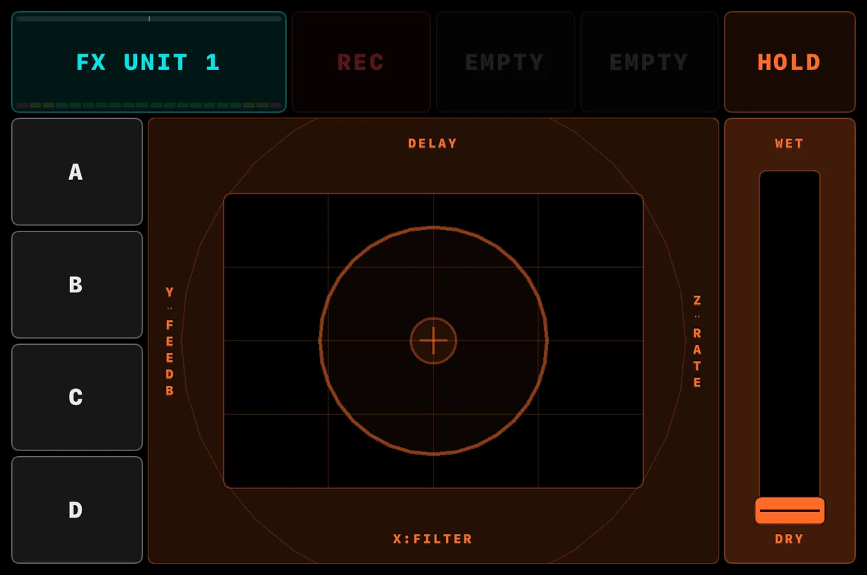 One FX unit quadrant: the identity button, the four slots with HOLD, the X/Y pad with its rings, the DRY/WET fader and the A–D routing buttons