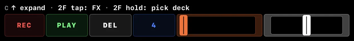 The header's status line while a finger rests on deck C's name button: “C ↑ expand · 2F tap: FX · 2F hold: pick deck”