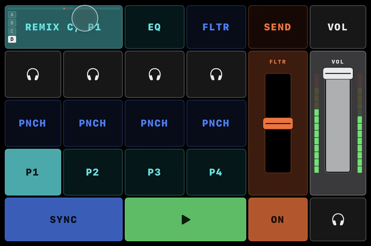 A Remix deck quadrant with a finger held on its name button: the row beneath has turned into the page switches EQ, FLTR, SEND and VOL, the cells show P1–P4 and PNCH