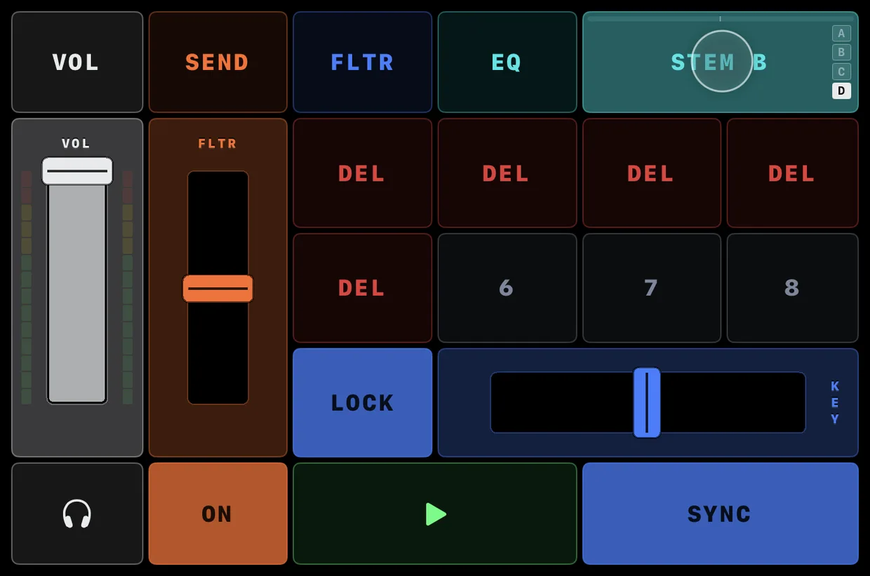 Deck B held by its name button on the Home page: the page row VOL, SEND, FLTR, EQ above, cues 1 to 5 reading DEL in red and 6 to 8 dim, LOCK beside the KEY fader, the HP and ON buttons, then PLAY and SYNC