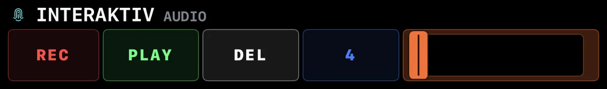 The header’s left half: the INTERAKTIV AUDIO wordmark, then REC, PLAY, DEL, the size 4 and the Loop Recorder’s DRY/WET fader
