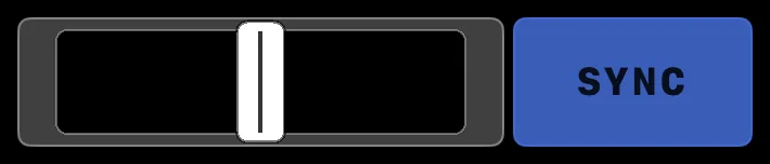 The master tempo strip with its centred handle, and the SYNC button beside it