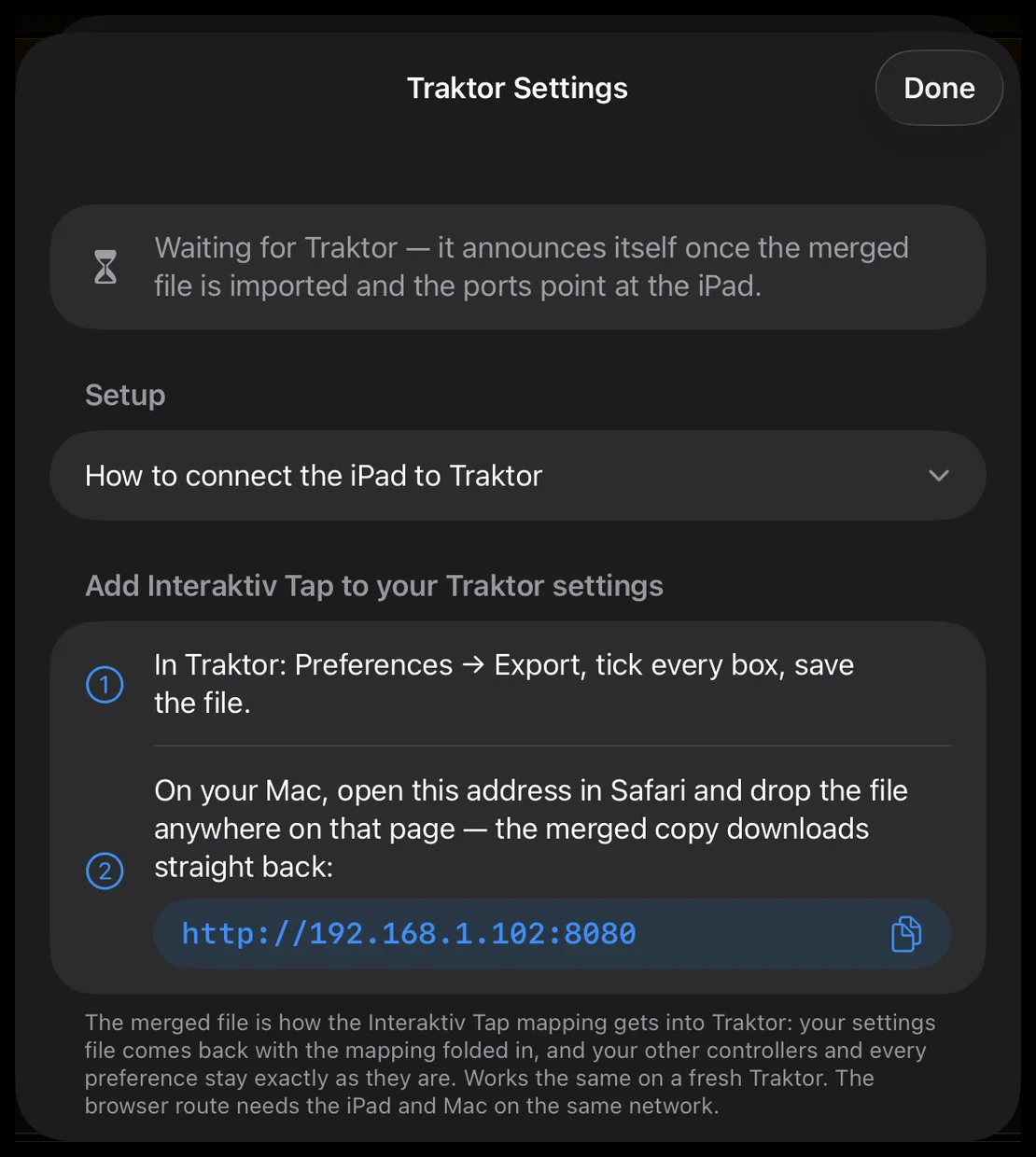 The Traktor Settings sheet on the iPad before the import: Waiting for Traktor at the top, the Setup row, and Add Interaktiv Tap to your Traktor settings with its two steps — export in Traktor, then open the address shown and drop the file
