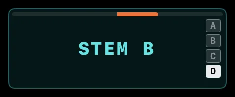 The STEM B deck name button with the thin phase bar along its top edge sitting right of centre, and the A B C D deck selector at its right