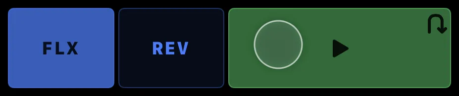 The same transport row with the deck playing: REV beside PLAY and FLX lit on the outer edge, and PLAY carrying a small u-turn arrow in its corner