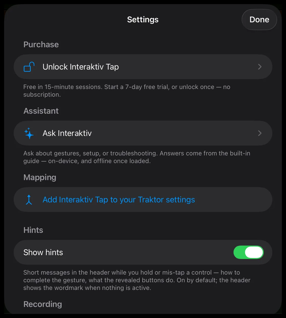The Settings sheet over the surface: Purchase, Assistant, Mapping (Add Interaktiv Tap to your Traktor settings), Hints and Recording