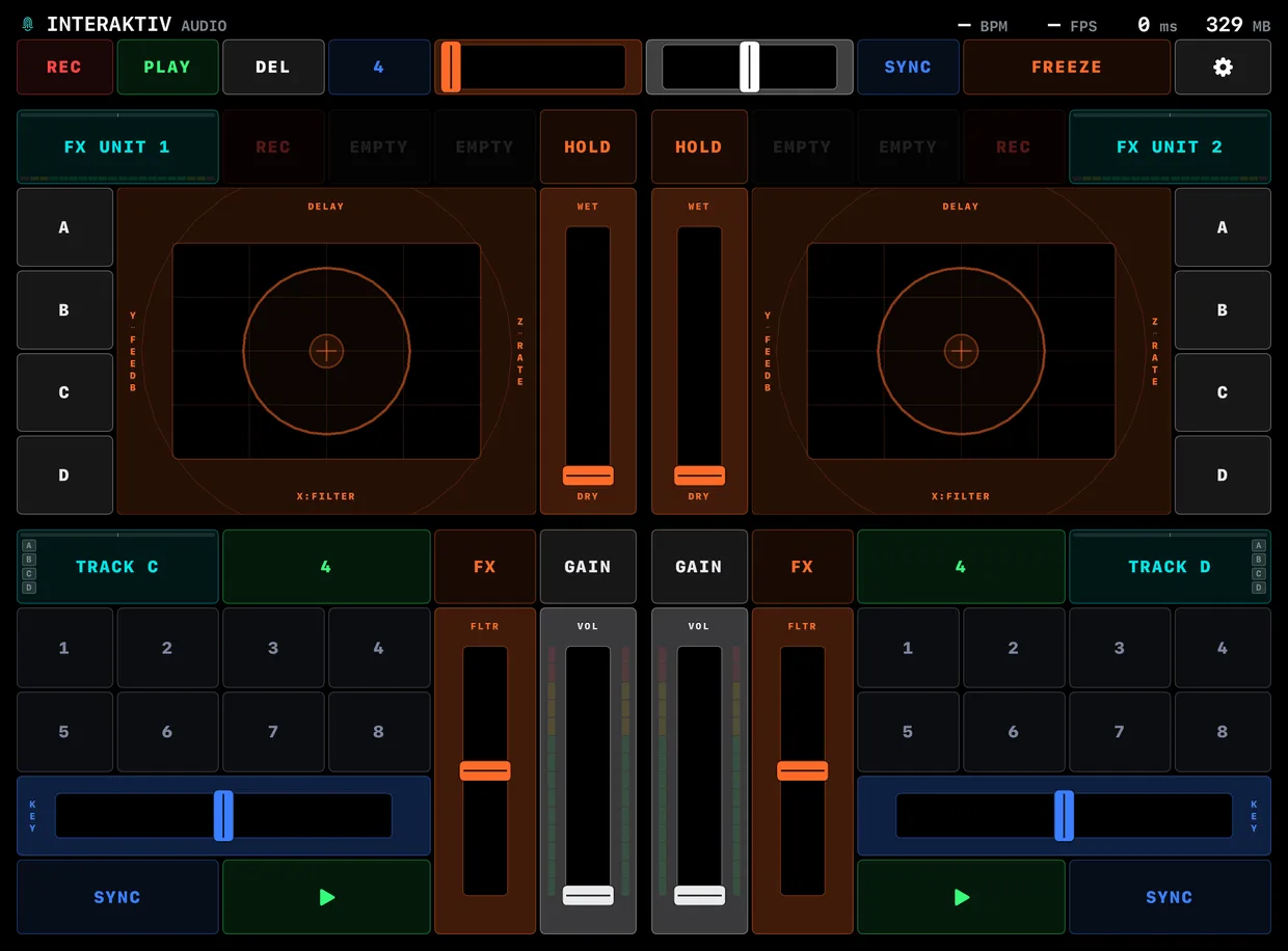 Interaktiv Tap's whole surface on an iPad: the header and transport row across the top, two FX units in the middle band, two decks below