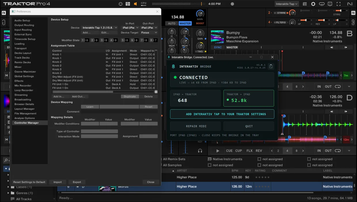 Interaktiv Bridge&rsquo;s window over Traktor on Windows: a green CONNECTED headline with MIDI counted in both directions, and Traktor&rsquo;s Controller Manager open behind it with In-Port and Out-Port both set to iPad (iPad).