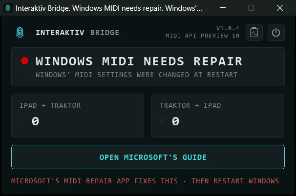 The Interaktiv Bridge window in a red state: the WINDOWS MIDI NEEDS REPAIR headline with a red dot, the line under it reading that Windows’ MIDI settings were changed at restart, both counters at zero, an OPEN MICROSOFT'S GUIDE button, and a red bottom line saying Microsoft’s MIDI repair app fixes this, then restart Windows.