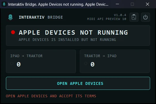 The Interaktiv Bridge window in a red state: the APPLE DEVICES NOT RUNNING headline, the line under it reading that Apple Devices is installed but not running, both counters at zero, an OPEN APPLE DEVICES button, and a red bottom line telling you to open Apple Devices and accept its terms.