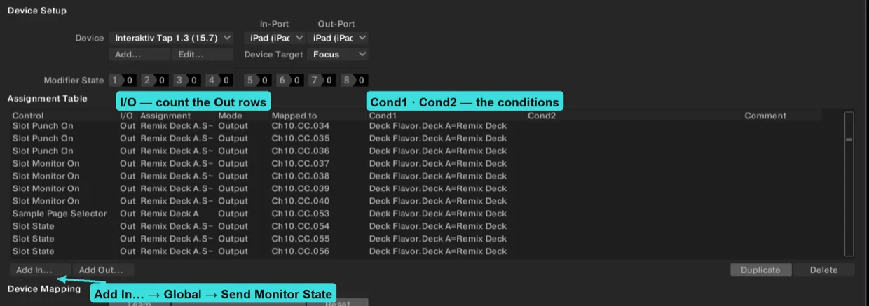 Traktor's Controller Manager: the assignment table with its I/O column and Cond1 and Cond2 columns marked, and an arrow to the Add In… button beneath the table