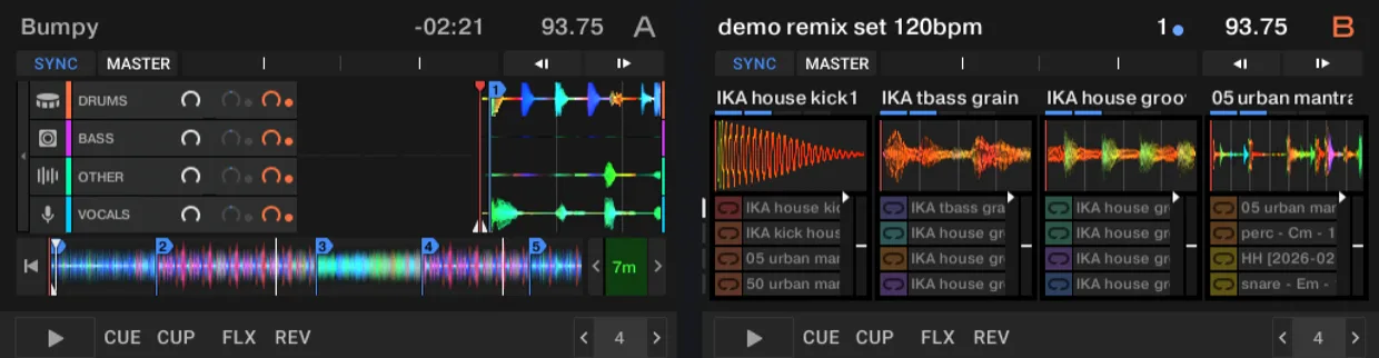 Traktor Pro 4 with a stem deck on the left — drums, bass, other and vocals as four lanes — and a remix deck on the right with four slots of sample cells