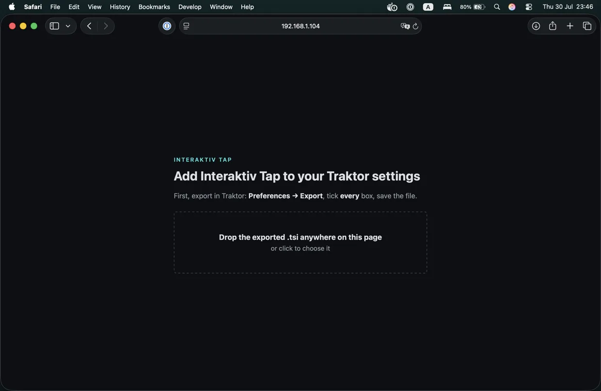 The app's merge page open in a browser on the Mac, with the exported .tsi being dropped onto it