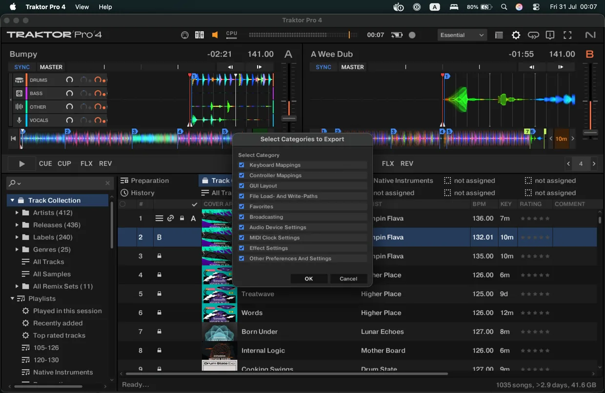Traktor's Preferences with Export selected and every category ticked