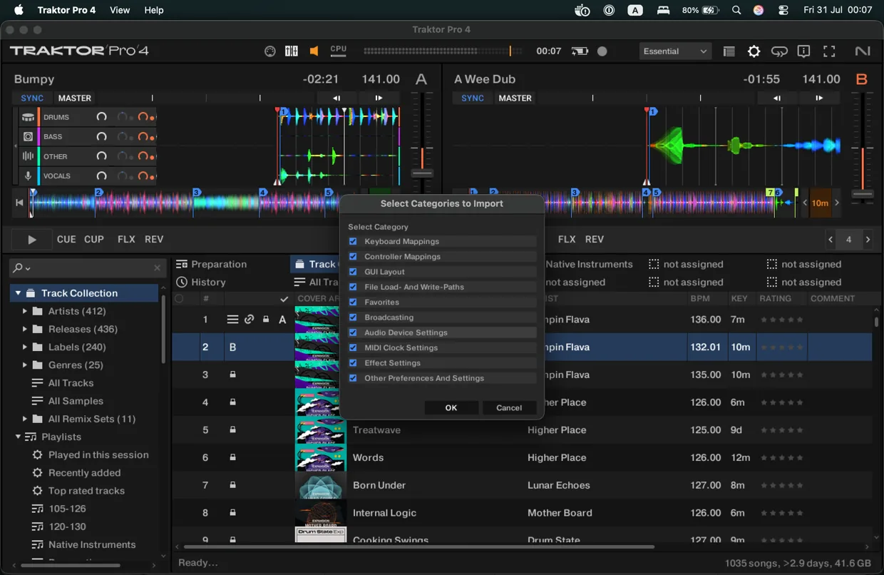 Traktor's Preferences with Import selected, choosing the merged file