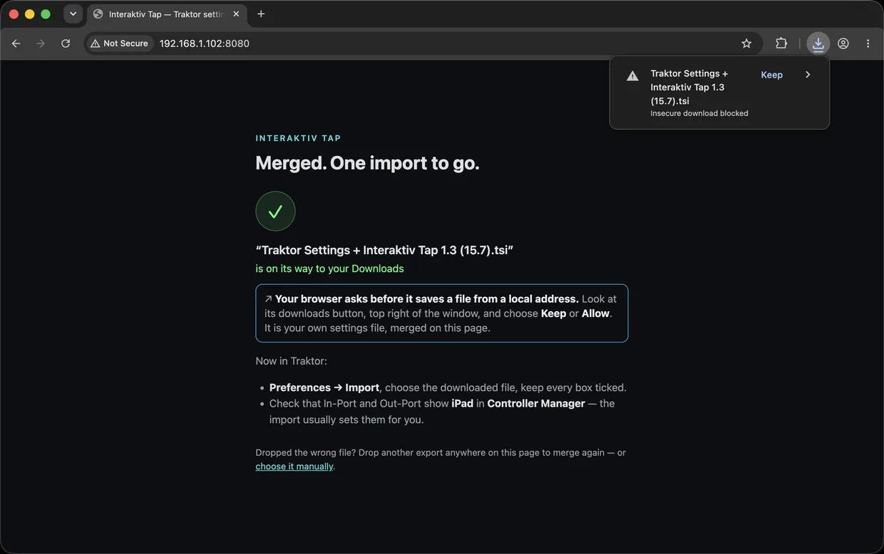 The merge page in a browser window on the Mac: “Merged. One import to go.”, the merged file’s name, the note that the browser asks before saving a file from a local address, and the browser’s download bubble offering to keep the file