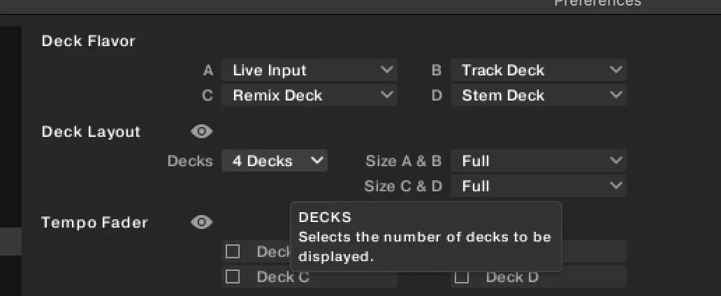 Traktor’s Preferences, Decks Layout pane: Deck Flavor rows for A to D, Decks set to 4 Decks with Size A & B and C & D at Full, and the DECKS tooltip explaining the setting