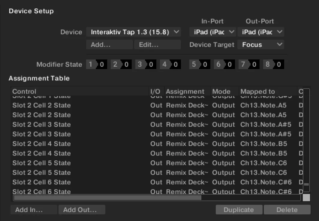 Traktor's Controller Manager with the Interaktiv Tap 1.3 mapping loaded: In-Port and Out-Port both set to the iPad, and an Assignment Table of outbound rows sending remix deck cell states back to it