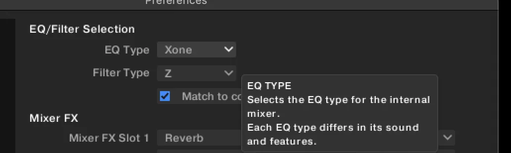 Traktor’s Preferences, Mixer pane: EQ Type set to Xone, with the EQ TYPE tooltip open