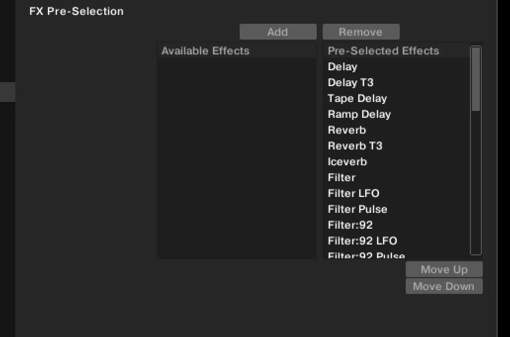 Traktor’s Preferences, Effects pane, FX Pre-Selection: Available Effects on the left, Pre-Selected Effects on the right beginning Delay, Delay T3, Tape Delay, Ramp Delay, Reverb, with Add and Remove above and Move Up and Move Down below