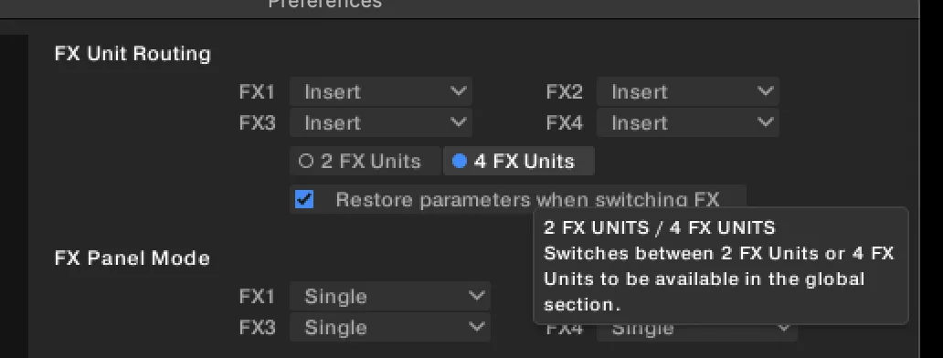 Traktor’s Preferences, Effects pane: FX Unit Routing for FX1 to FX4, 4 FX Units selected with its tooltip, and FX Panel Mode set to Single