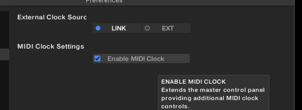 Traktor’s Preferences, External Sync pane: External Clock Source LINK or EXT, and Enable MIDI Clock with its tooltip