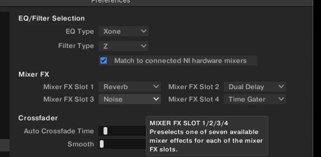 Traktor’s Preferences, Mixer pane: Mixer FX Slot 1 to 4 set to Reverb, Dual Delay, Noise and Time Gater, with the MIXER FX SLOT tooltip open